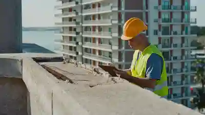 Structural engineer inspecting a cracked concrete balcony on an older Florida coastal condominium