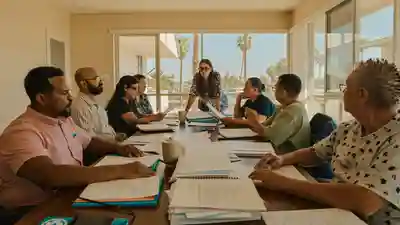 Condominium association meeting with residents seated around a table covered in documents