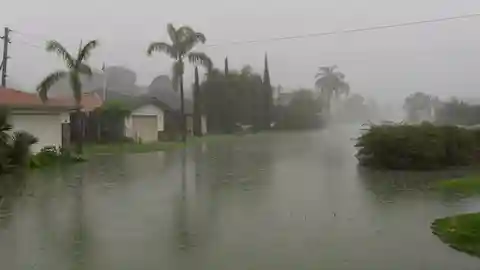 Flooded suburban residential street after heavy rainfall with water halfway up driveways