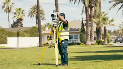 Land surveyor operating a tripod-mounted survey instrument on the lawn of a Florida home