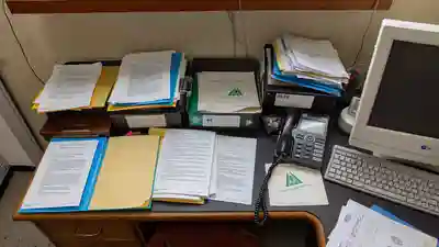 Cluttered homeowners association management office desk piled with document folders and binders
