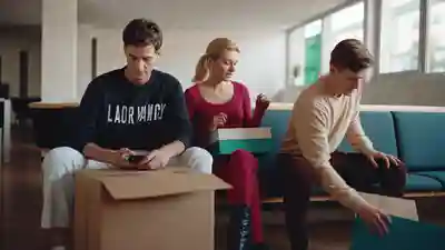 A young couple waiting in a lobby with moving boxes beside them, one checking a phone anxiously