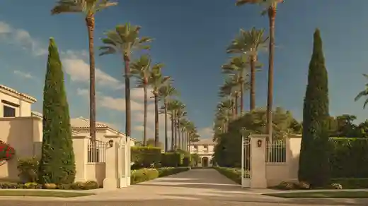 Entrance to a gated Florida residential community with a stone gatehouse and royal palms