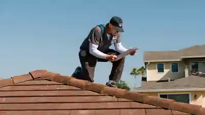 Roof inspector kneeling on a barrel tile roof of a Florida house with a clipboard