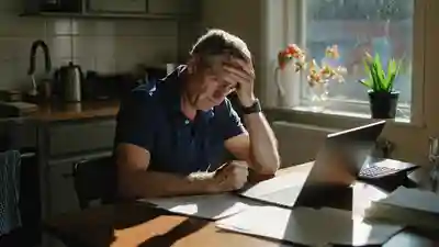 Homeowner at a kitchen table reviewing insurance paperwork with a calculator and laptop