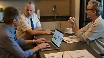 Real estate agent discussing pricing with an older couple across a kitchen island
