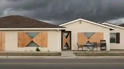 Florida home with plywood storm shutters screwed over its windows before a storm