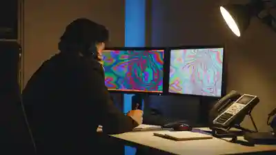 Real estate agent at a desk at night on the phone taking notes, monitors glowing
