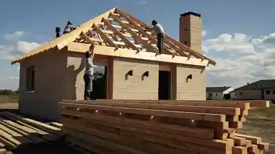 Construction workers in hard hats framing the roof trusses of a new Florida house