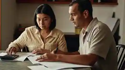 A couple at a dining table reviewing paperwork with a calculator, looking concerned