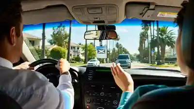 View from inside a car of a real estate agent driving two clients along a palm-lined Florida street
