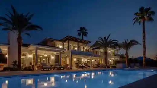 Florida vacation rental home at dusk with a lit swimming pool and screened lanai