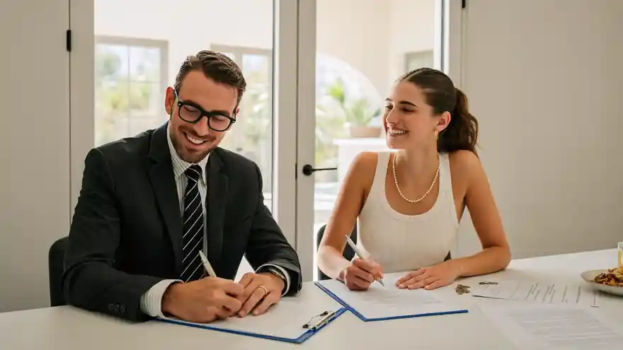 Agent reviewing a buyer agency agreement with a young couple at a table