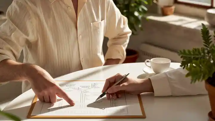 Agent reviewing a pipeline plan at a sunlit kitchen table