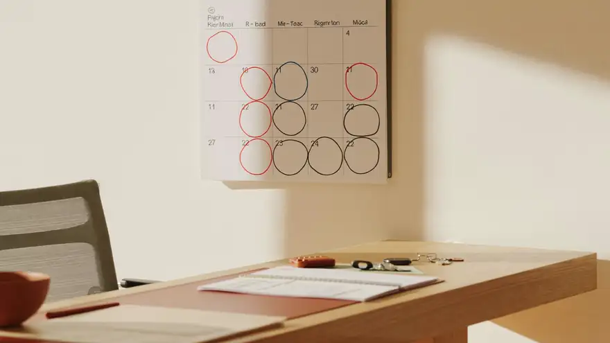 Contract pages, a calendar of circled dates and house keys on a desk